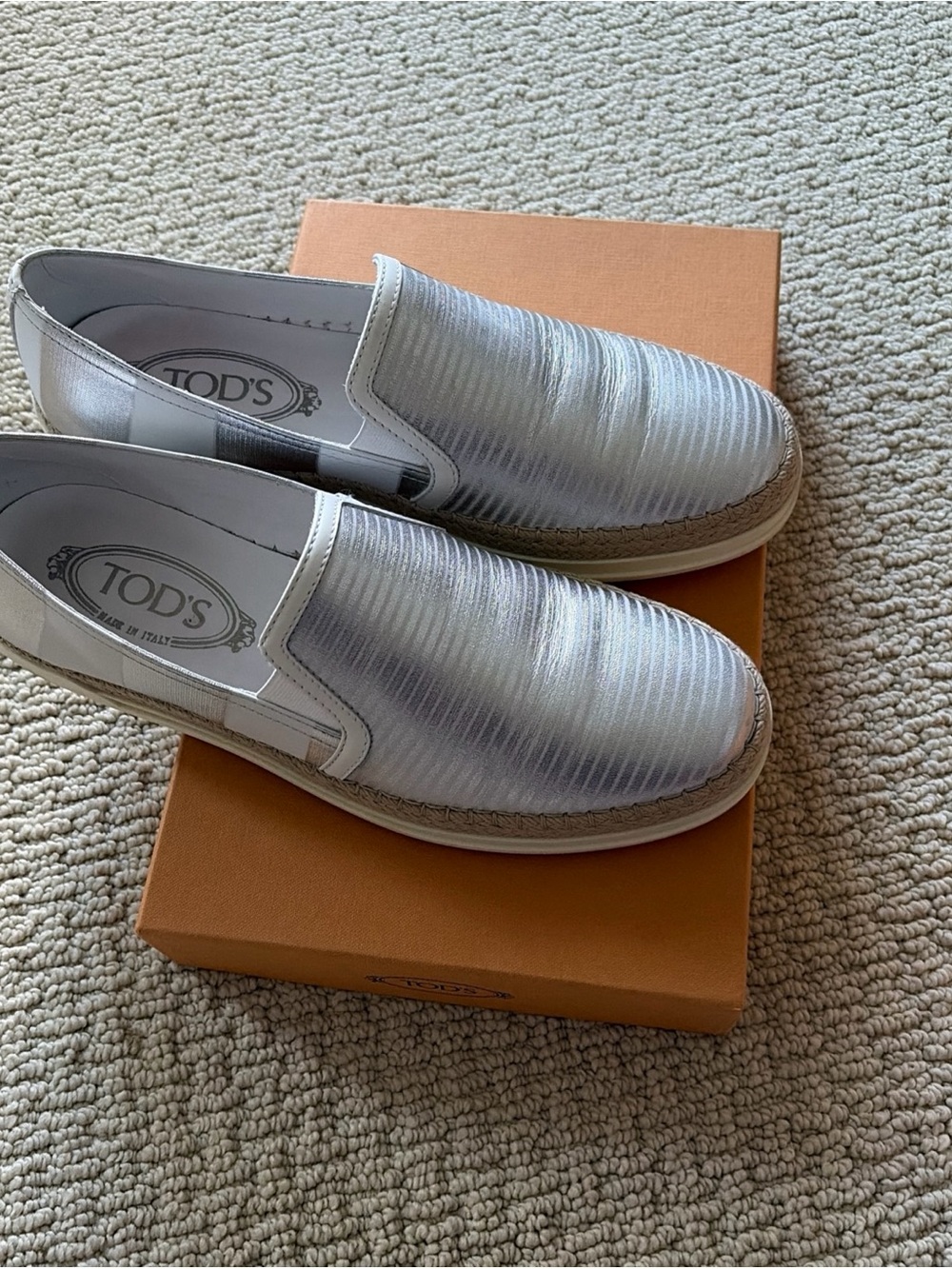 Tod's Metallic Silver Espadrille Slip-Ons